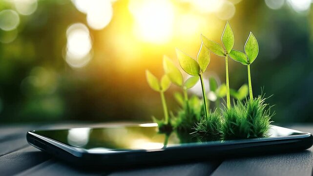 A smartphone displaying green grass arrows with sunlight filtering through, symbolizing the growth of eco-friendly business initiatives