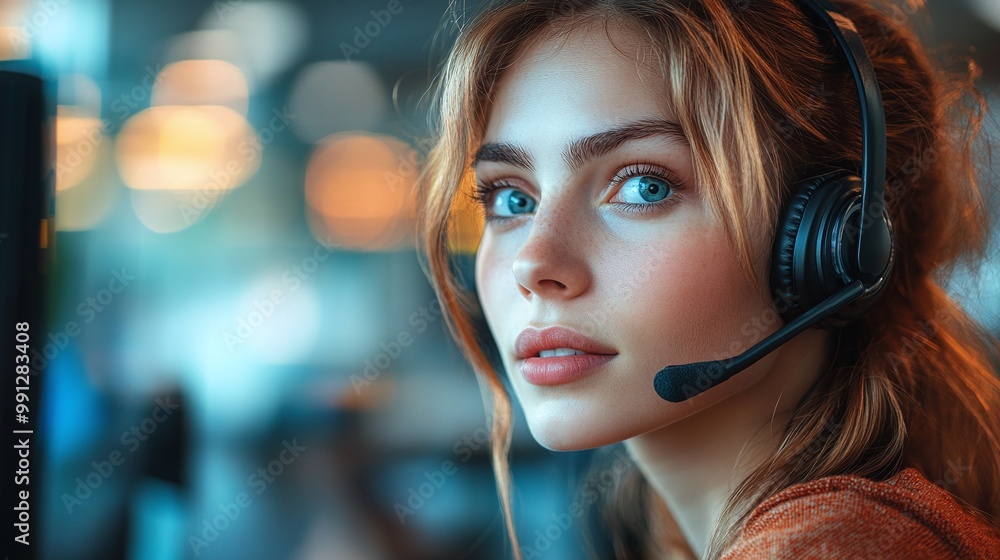 Poster woman call center agent with a headset providing customer service and handling phone inquiries while