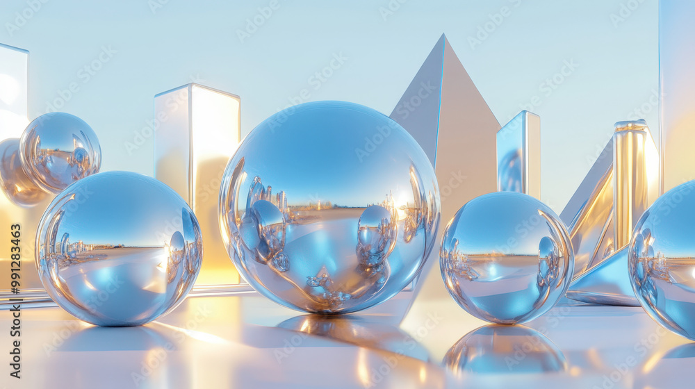 Poster chrome spheres reflecting light are arranged with other geometric shapes on a shiny surface