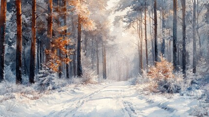 Fototapeta premium A tranquil winter forest scene with snow-covered trees and a serene path, creating a peaceful atmosphere in nature.