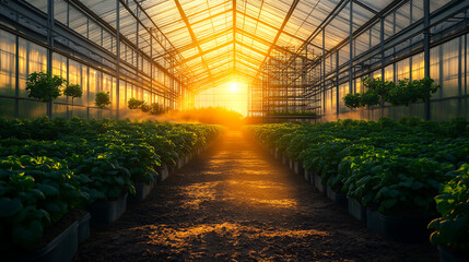 Inside the greenhouse, vibrant plants grow as the bright sunset light fills the space with warm, golden hues.