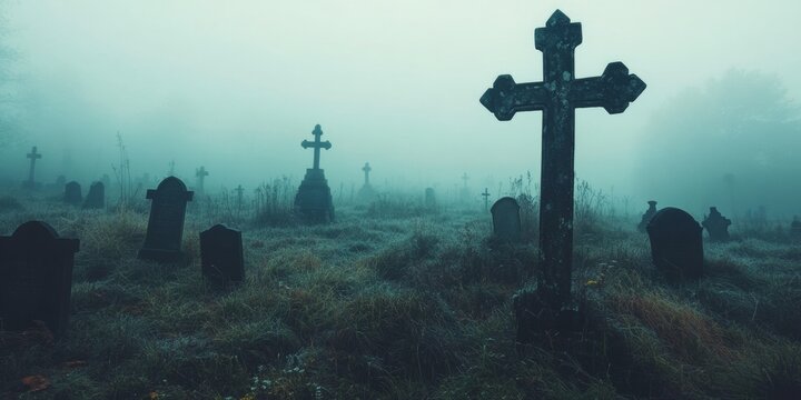 An eerie, foggy cemetery with old tombstones and crosses, perfect for an ominous background in Halloween-themed content