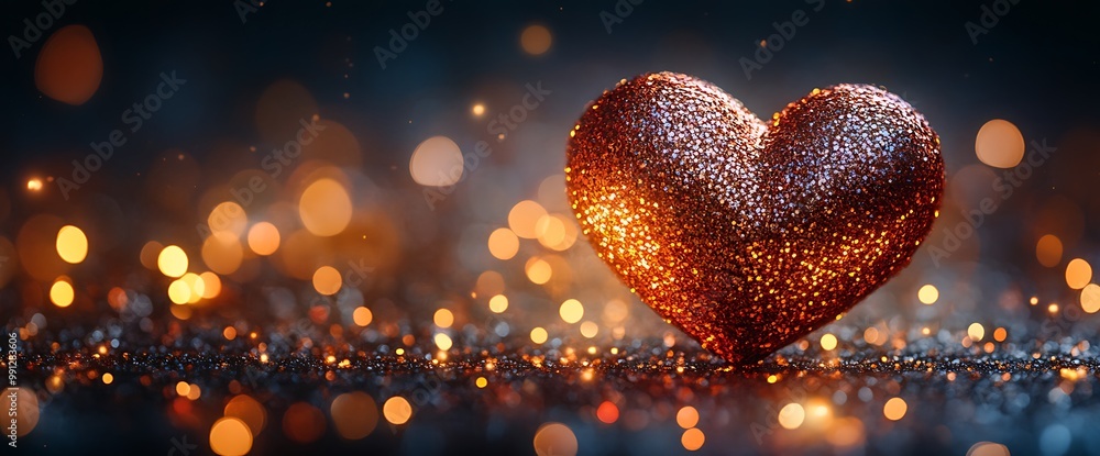 Aufkleber a heart-shaped object with sparkling glitter on a dark background with bokeh lights.