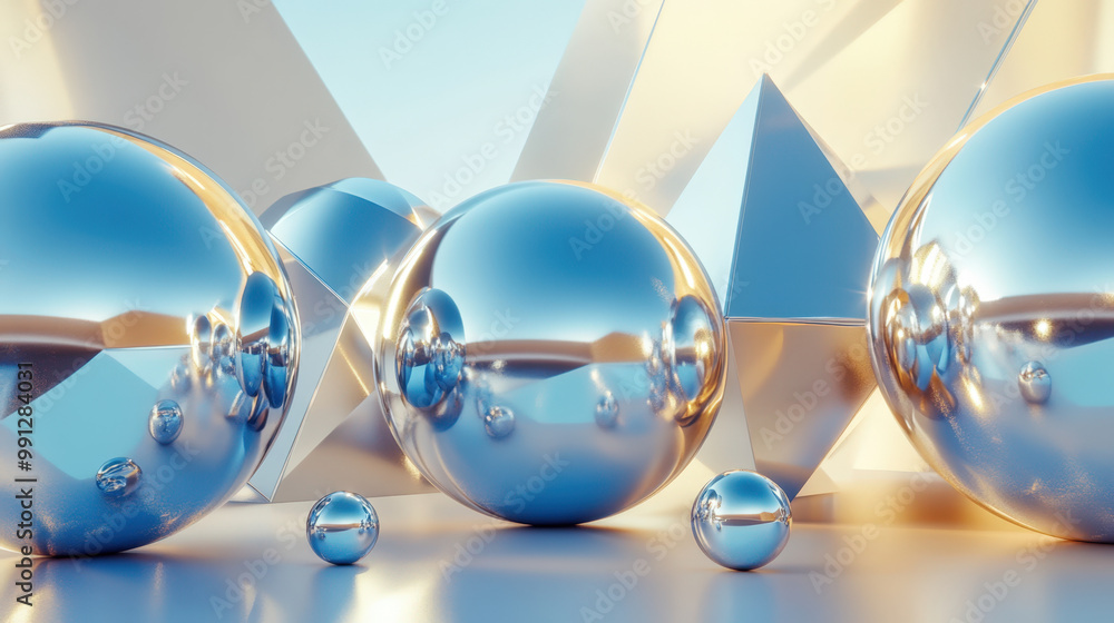 Poster many metallic spheres of different sizes reflecting light and some metallic polyhedra on a neutral b
