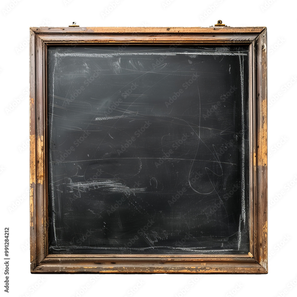 Poster old and rustic empty chalkboard with wooden frame hanging on white background