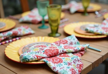 Fototapeta premium Vibrant Table Setting with Colorful Plates and Napkins