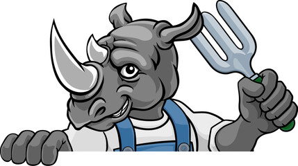 A rhino gardener cartoon gardening animal mascot holding a garden fork tool peeking round a sign