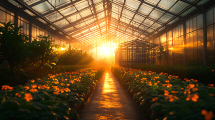Inside the greenhouse, vibrant plants grow as the bright sunset light fills the space with warm, golden hues.