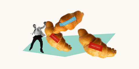 Contemporary art collage. Croissants of Instability. Trying to avoid instability, disorganization, and obscurity, worker struggles to manager growing chaos. Concept of business, work, office. Ad