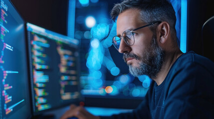 A quantum computer programmer working on advanced algorithms, with quantum computers and holographic interfaces in the background
