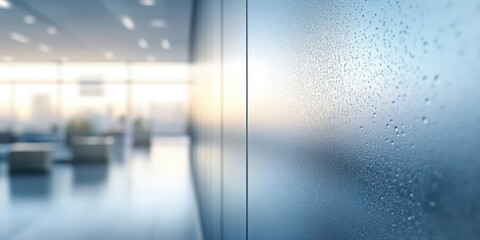 Obraz premium A close-up of a misty glass wall in a modern office setting, showcasing a blend of clear and blurred views through condensation.