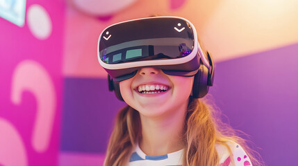 A Young Girl Is Wearing VR Glasses and Smiling.