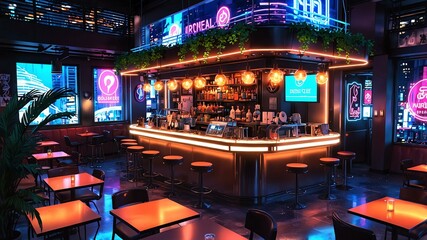 anime style an otherworldly cafe with futuristic, anime-themed decor, glowing neon signs, and animated patrons enjoying vibrant, exotic beverages