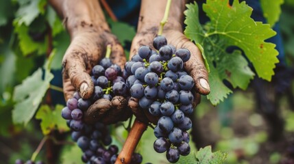 Fototapeta premium Fresh grape fruit in hands in plantation farm