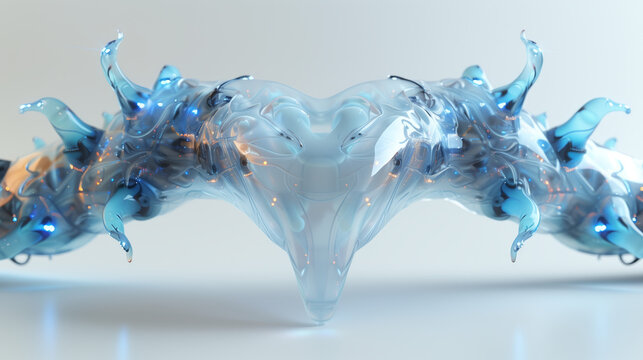 3d render blue abstract heart alien shape object on solid background isolated. Dragon dinosaur skeleton AI Artificial intelligence cyborg face. Futuristic surreal Halloween glasses illustration 