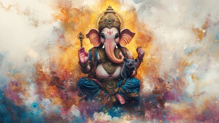 A vibrant illustration of the Hindu god Ganesha, surrounded by colorful clouds and holding symbolic items, representing wisdom and prosperity.