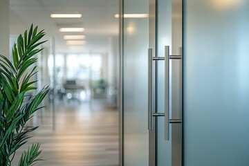 Modern office interior with glass door and greenery, creating a professional and inviting workspace atmosphere.