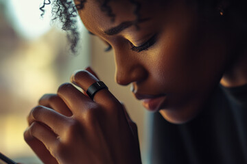 Young woman wearing a smart ring that monitors biometrics