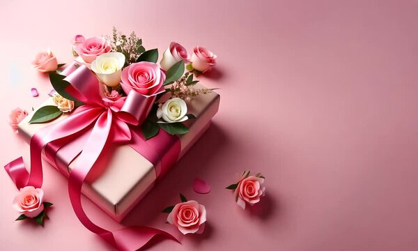 Zoom sur un paquet cadeau rose avec des fleurs et un n&oelig;ud ruban en tissu, sur un fond rose, plaisir d'offrir pour la f&ecirc;te des m&egrave;res, la Saint-Valentin, un anniversaire, ou toute autre occasion f&eacute;minin