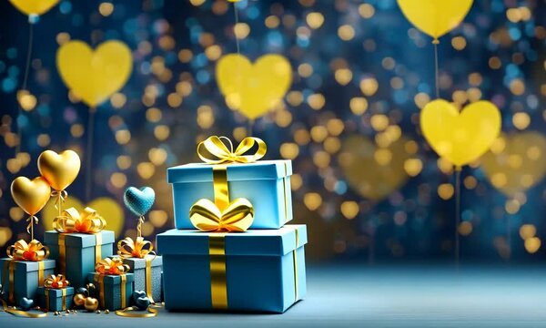 Paquets cadeaux bleus avec bolduc jaune, sur fond paillet&eacute; bleu, accompagn&eacute;s de ballons gonfl&eacute;s &agrave; l'h&eacute;lium en forme de c&oelig;ur jaune et bleu, sc&egrave;ne festive et color&eacute;e