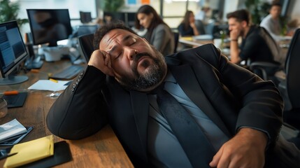 An overweight man wearing a business suit, sitting at a desk in front of a computer with a bored expression. He should be slouched in his chair, resting his hand on his chin.