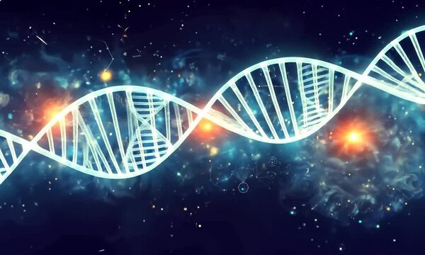 Double h&eacute;lice d'ADN tournant sur elle-m&ecirc;me avec un fond futuriste bleu, sc&egrave;ne technologique et scientifique moderne mol&eacute;culaire et g&eacute;n&eacute;tique - travail sur le g&eacute;nome