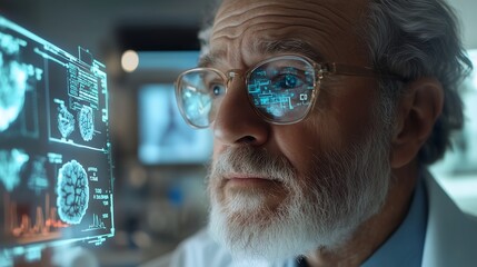 A doctor examining a holographic patient chart, with a confused or anxious expression on their face. The hologram should display various medical data, charts, and vital signs projected in mid-air.