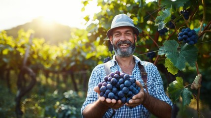 A smiling male farmer holding a bunch of grape in hand in plantation field in farm