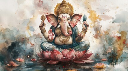 Vibrant artwork of Lord Ganesha sitting on a lotus, symbolizing wisdom and prosperity with an artistic watercolor background.