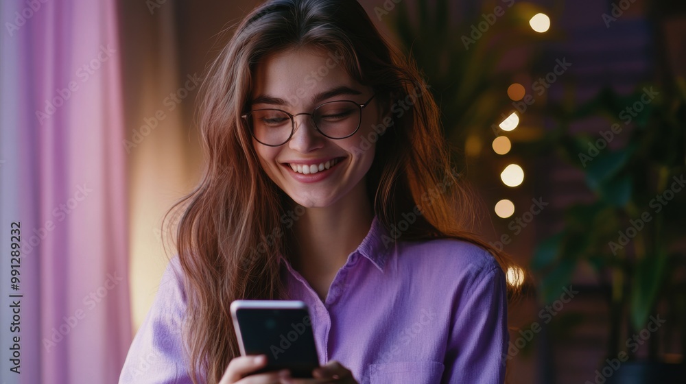 Wall mural young woman smiling while using smartphone in cozy indoor setting