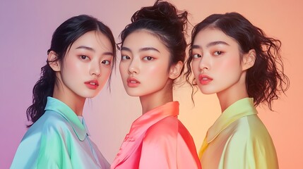 Three Young Asian Beauty Models, Showcasing Diverse Styles and Glamour.