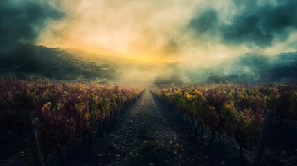 Fototapeta premium 2D abstract winery on a cloudy day, deep cool tones and moody atmosphere, hyper-real, sharp images