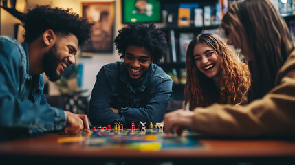 Black group of friends having fun at a game night, with smiles and excitement as they play board games