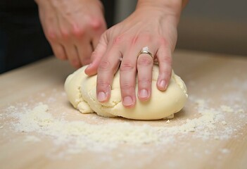 Kneading Soft Bread Dough on a Wooden Table