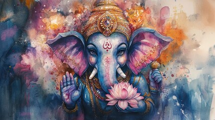 Vibrant watercolor artwork of Lord Ganesha, symbolizing wisdom, prosperity, and the beauty of spirituality with a lotus flower.