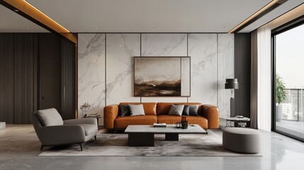 Modern Living Room with Marble Wall, Leather Sofa, and Armchair by Large Window. Elegant Interior Design.