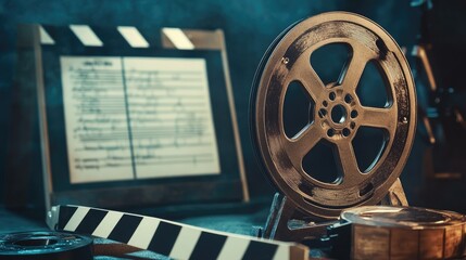 Fototapeta premium Film reel unspooled beside a clapperboard and movie script, evoking the classic elements of film production