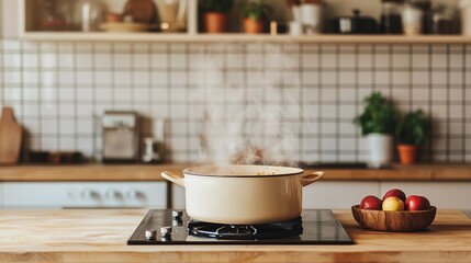 A cozy kitchen scene with a steaming pot on the stove, showcasing warmth and culinary creativity.