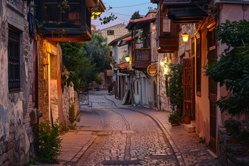 Naklejka premium A narrow cobblestone street with old buildings along it. A quiet dusk.