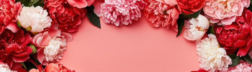 Fototapeta premium Colorful peonies in a circular arrangement on a pink background.