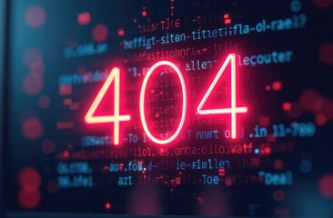 a sign with glowing neon text "404 Page not found" on a blurred digital background