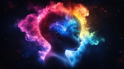 Obraz premium Conceptual artwork of a fetus surrounded by swirling colorful nebula clouds, symbolizing life in the universe, fetus, cosmic growth