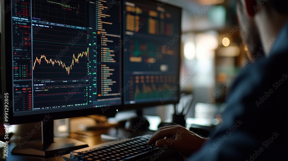 Poster trader analyzing stock market data on multiple screens in an office environment during daytime