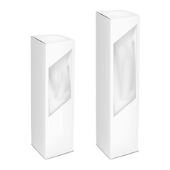 White tall vertical paper box with clear plastic window to display product. 3d mockup. Empty paperboard container with tuck-in flap. Realistic vector mock-up. Template for packaging design