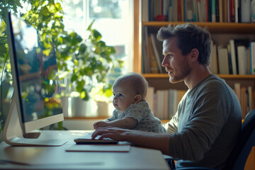 Young father working from home holding baby on lap using desktop computer