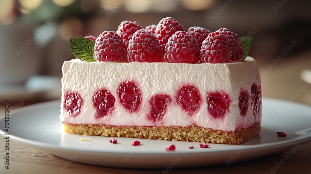 Poster a slice of cheesecake with a layer of raspberry puree and topped with fresh raspberries.