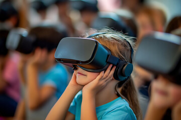 Group of young children using virtual reality headsets in a classroom, exploring immersive learning experiences