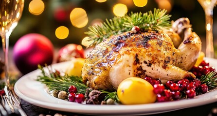 Barbecued chicken on a festive table with fruits, golden skin reflecting sunlight