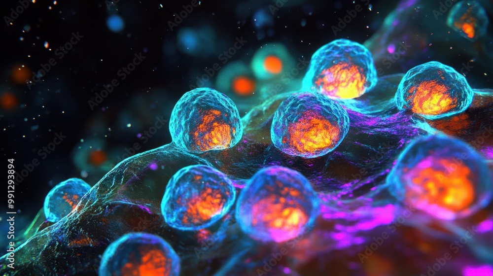 Aufkleber a model of stem cells in the process of developing into neurons, with glowing colors to highlight th