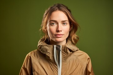 Portrait of a content woman in her 20s wearing a functional windbreaker isolated on soft brown background